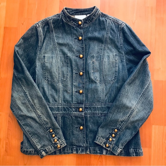 LIZ CLAIBORNE | Jean Jacket Blazer w/ Brass Buttons & Mandarin Collar Size L - Picture 9 of 15